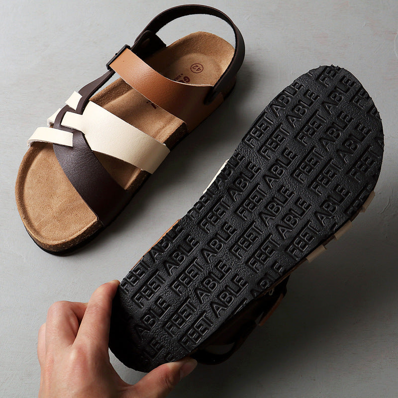 Cork Sandals Men Hollow Two-Way Men Summer Large Size Flat Beach Shoes
