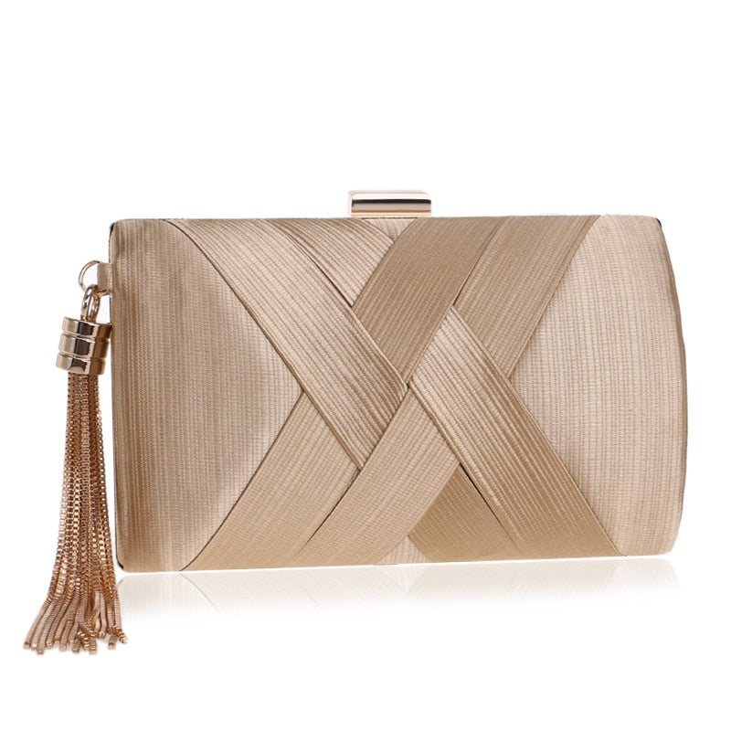 golden satin evening clutch with tassel and chain