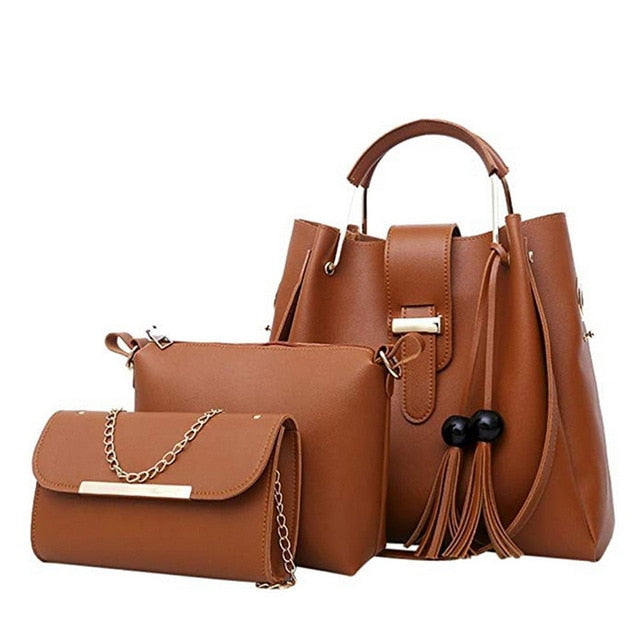 three-piece PU handbag set with tassel
