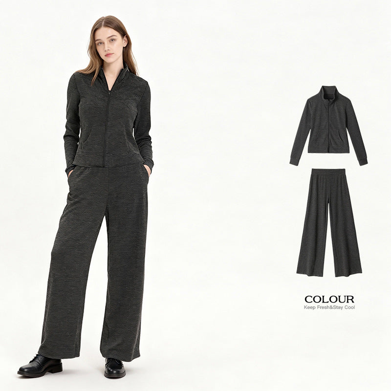 Striped hoodie with stand collar and straight-leg pants