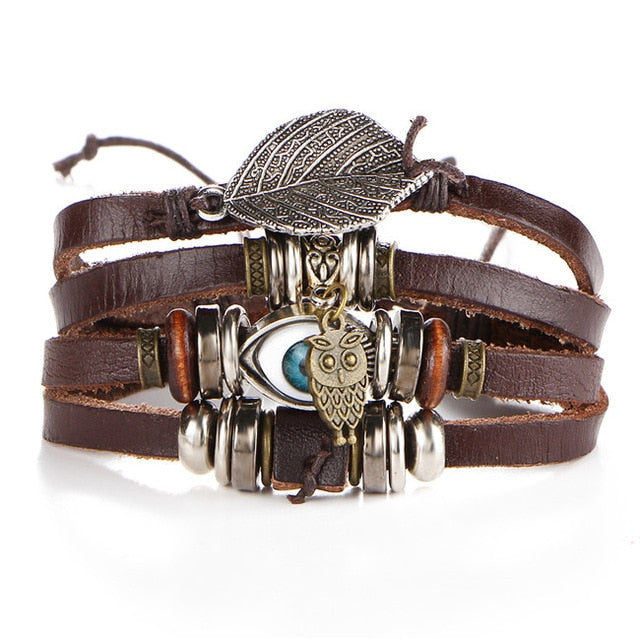 Multilayer leather wrap bracelets with stone beads and charms