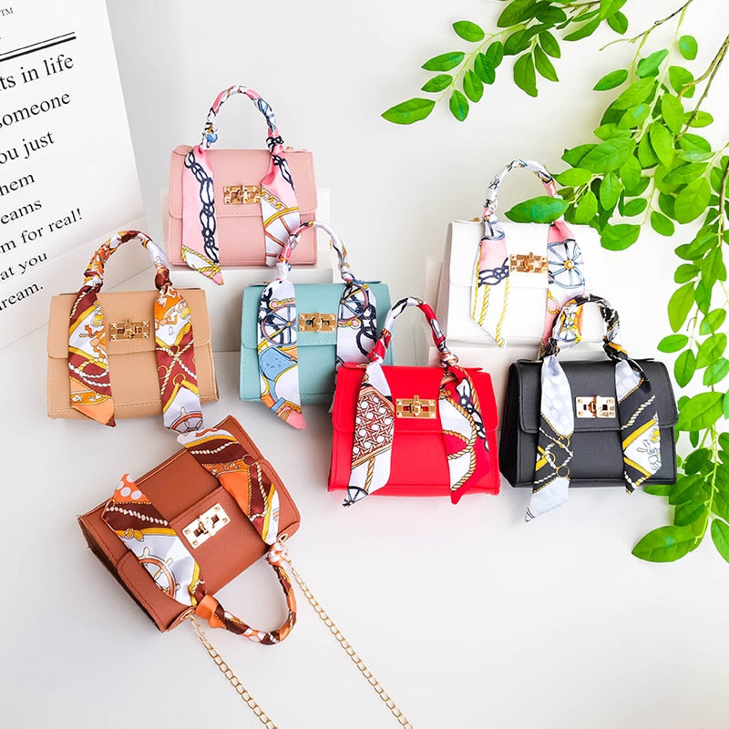 small square PU crossbody bag with silk scarf and lock