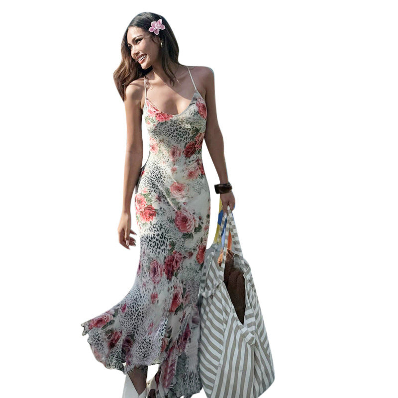 Leopard print floral wrap skirt with shoulder straps and suspender