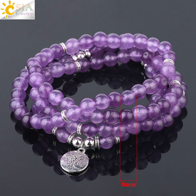 Natural Stone Yoga Healing Bracelet Mala Bead Purple Crystal