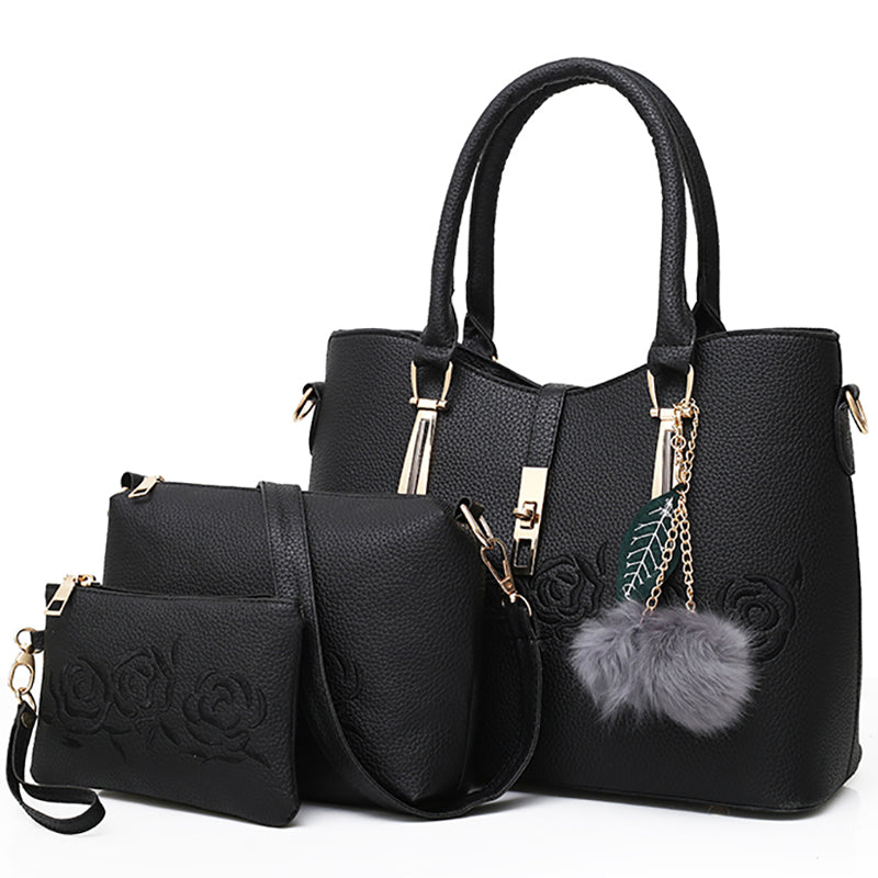 three-piece PU bag set with flower embroidery
