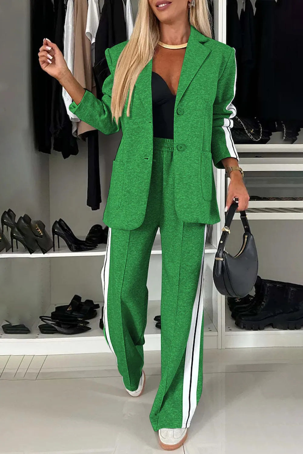 Women's contrast lapel collar top and pants set