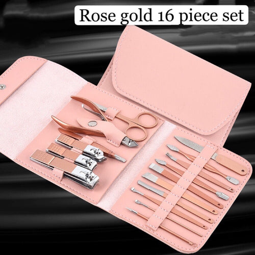 16-piece rose gold nail tool set in case