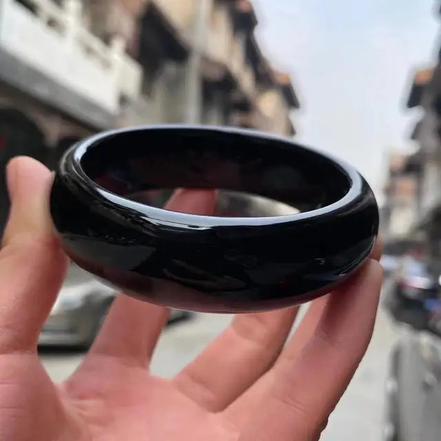 Women Real Jades Bangles Natural Black Chalcedony Certified Stone Fine Jewelry Wide Bangle Bracelets Girlfriend Mom Gifts