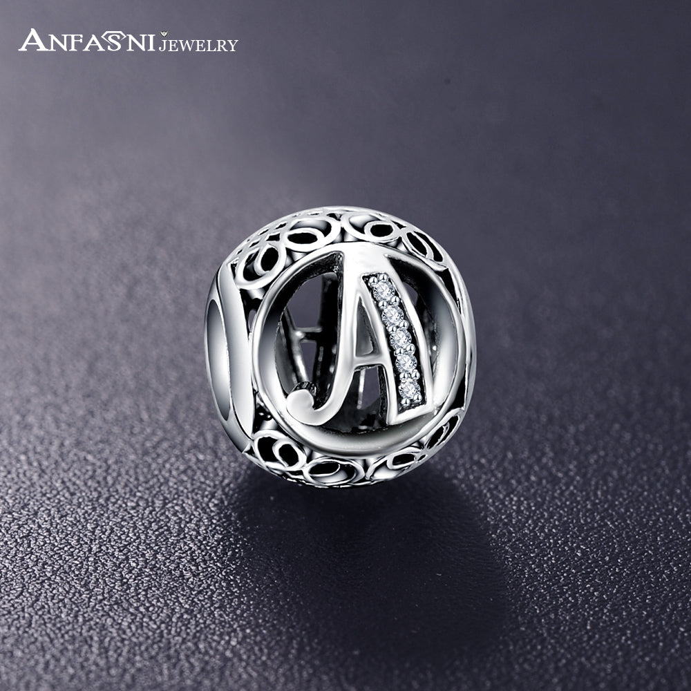 Real 925 Sterling Silver Vintage Clear Letter Bead Charms Fit Pandora Women Charm Bracelets Jewelry