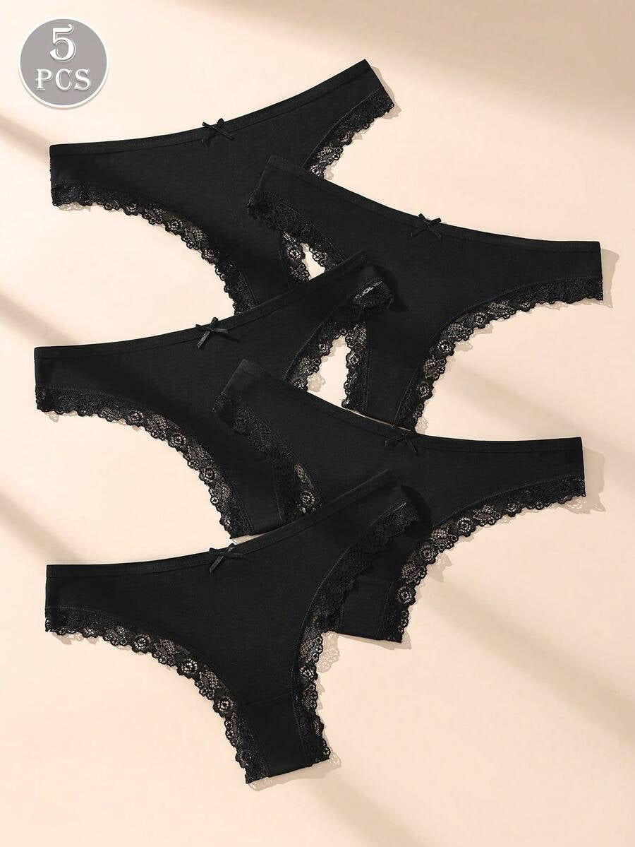 Conjunto De 5 Calcinhas Fio Dental Pretas De Algodão Com Detalhes Em Renda E Laço Delicado. Modelo Minimalista Sem Costura.