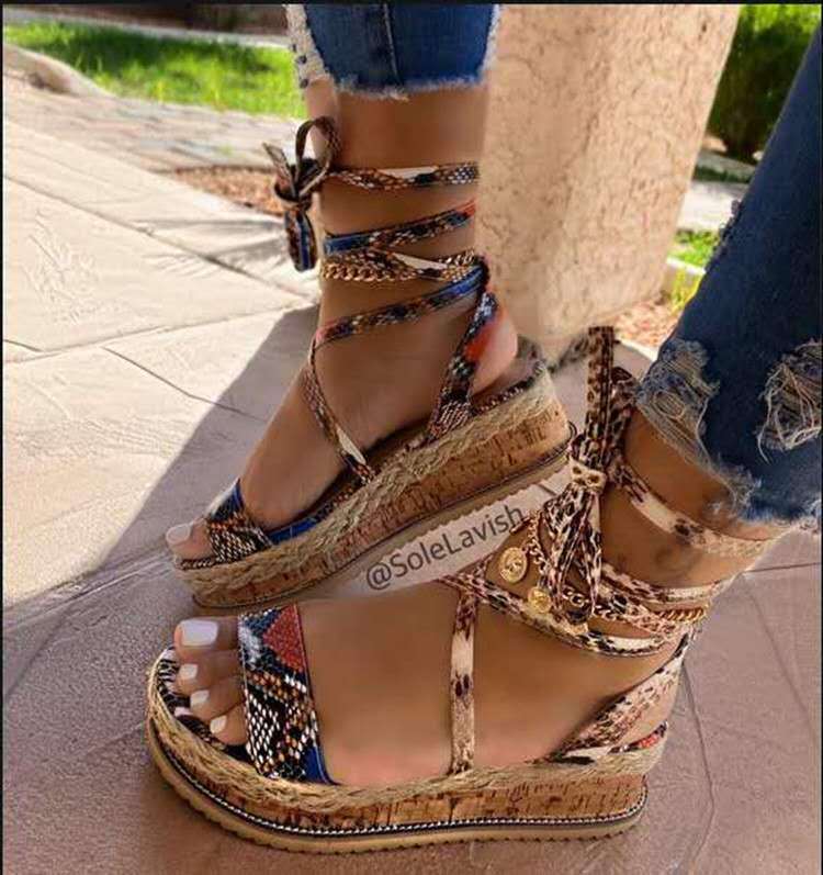 Sandals Women's New Thick Bottom Strappy Snake Print Large