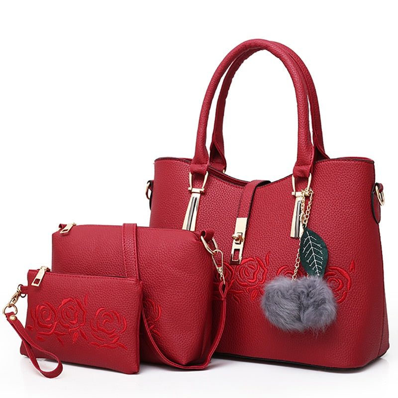 three-piece PU bag set with flower embroidery