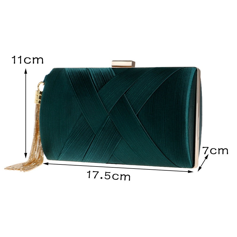 golden satin evening clutch with tassel and chain