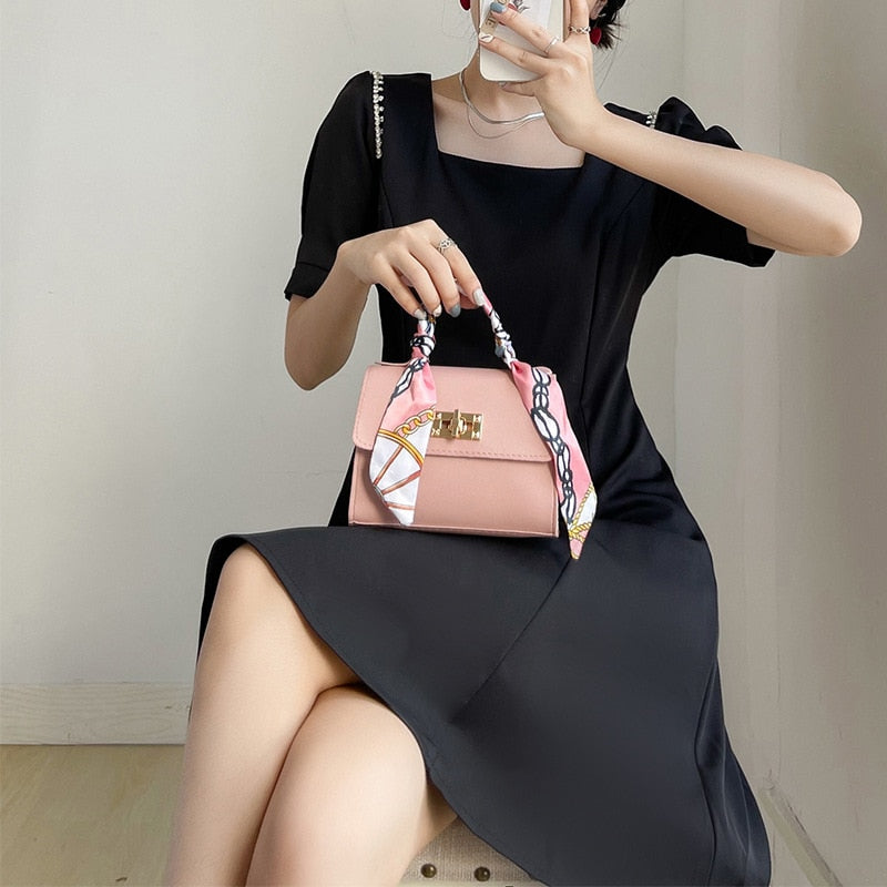 small square PU crossbody bag with silk scarf and lock