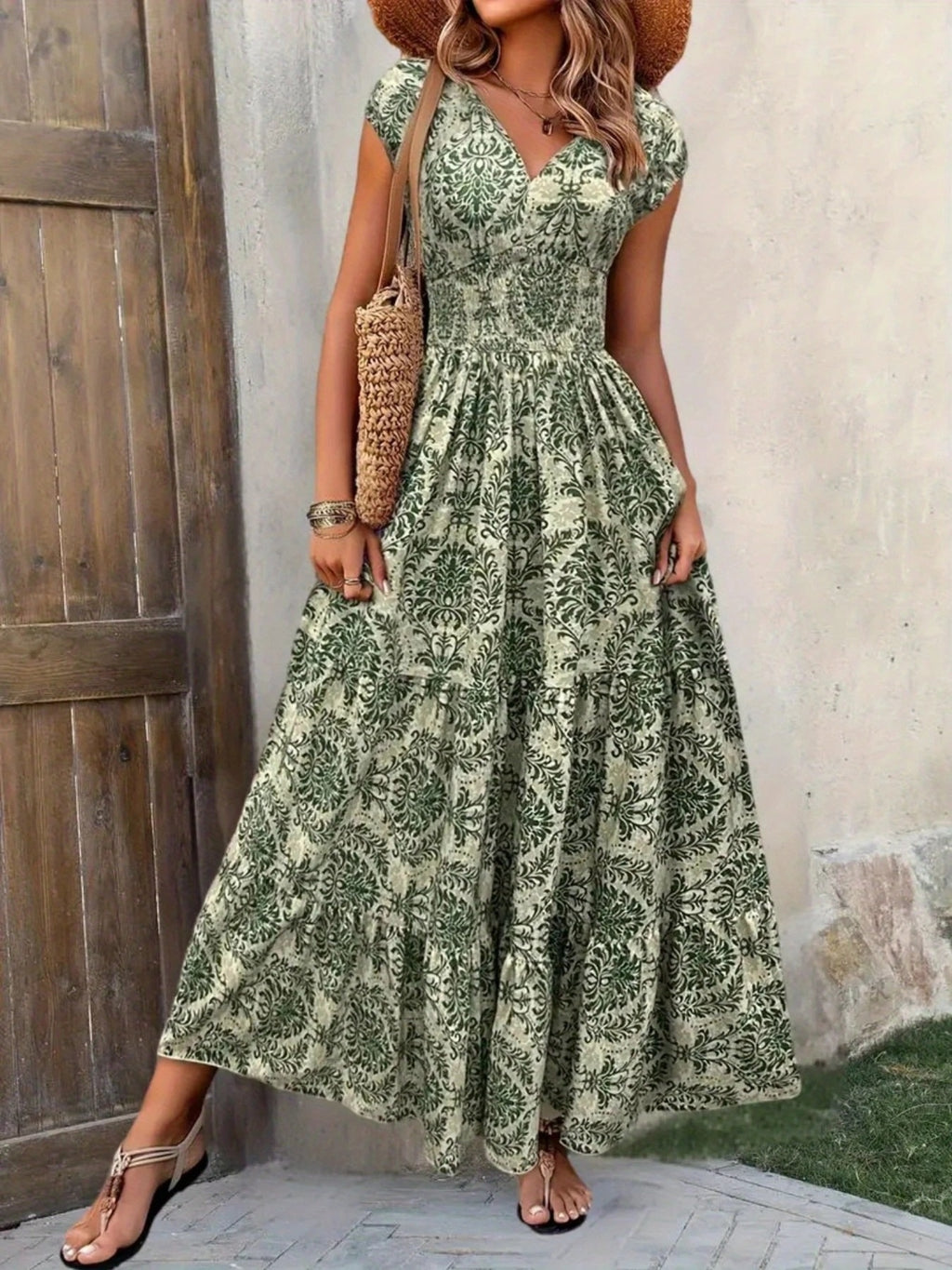 Printed cap sleeve tiered maxi dress