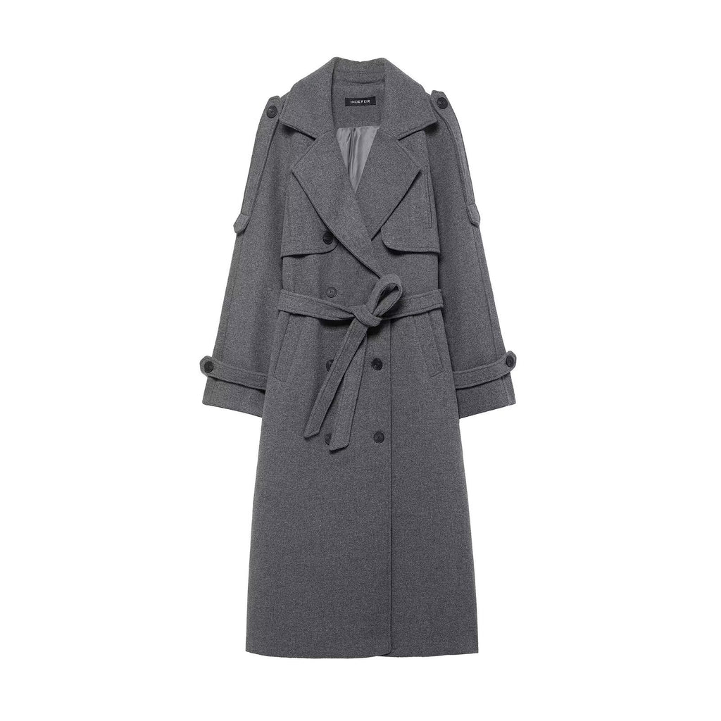 Double breasted coat with belt and straps