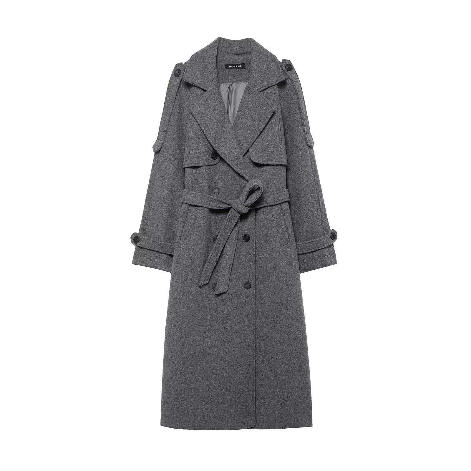 Double breasted coat with belt and straps