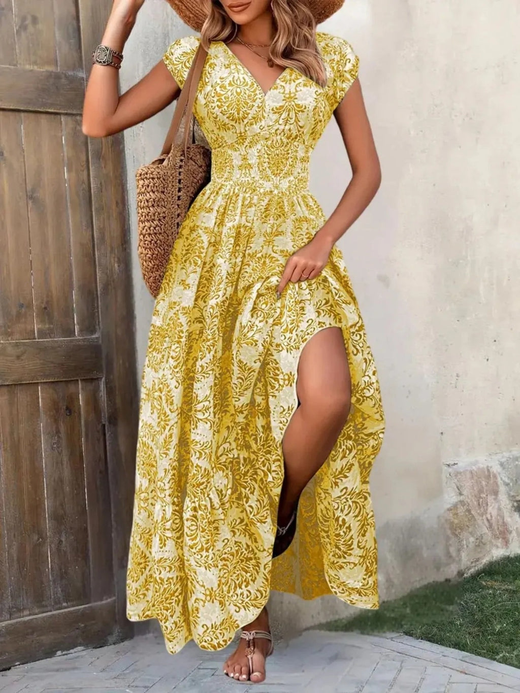 Printed cap sleeve tiered maxi dress