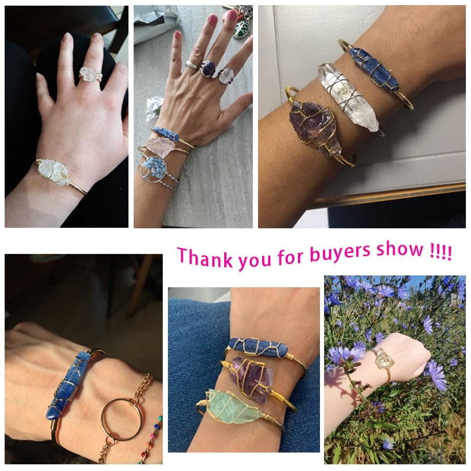 Csja Natural Stone Bangle Gold-color Wire Wrap Irregular Crystal Quartz Cuff Copper Bracelets for Women Girls Kids Jewelry G327