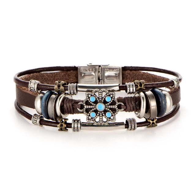Multilayer leather wrap bracelets with stone beads and charms