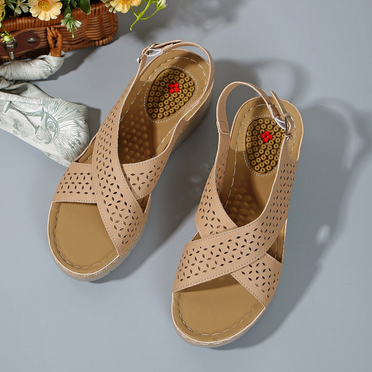 Hollow cross strap thick soled sandals for women, lightweight wedge and beach