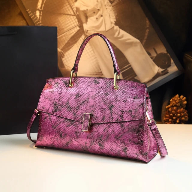 snake print PU top-handle tote bag