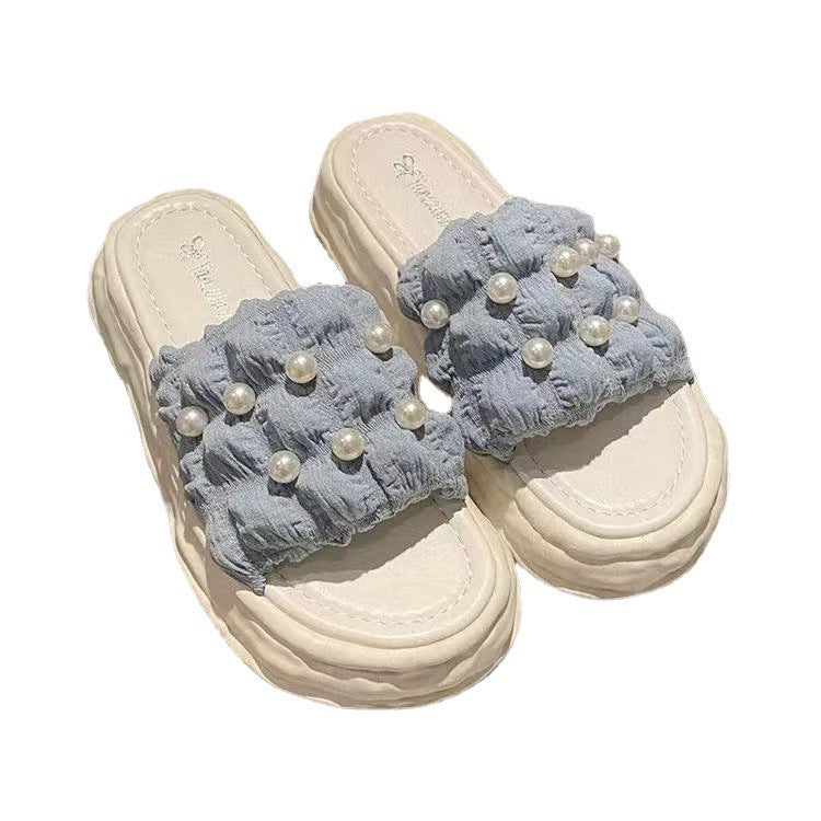 Fairy Style Sandals New Summer Korean Women's And Slippers With Pearl Thick-Soled Beach Shoes