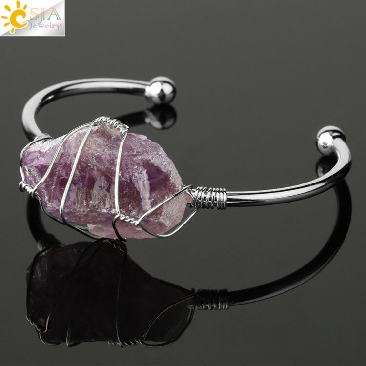 Csja Natural Stone Bangle Gold-color Wire Wrap Irregular Crystal Quartz Cuff Copper Bracelets for Women Girls Kids Jewelry G327