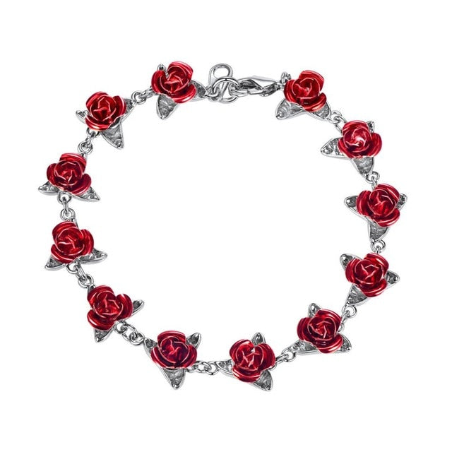 U7 Bracelet Red Rose Flowers Wrist Chain Charm Mother's Day
