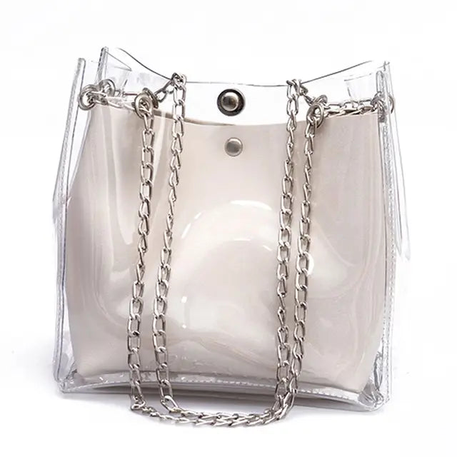 small transparent plastic bucket bag with chain