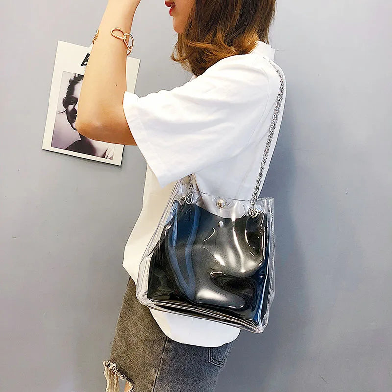 small transparent plastic bucket bag with chain