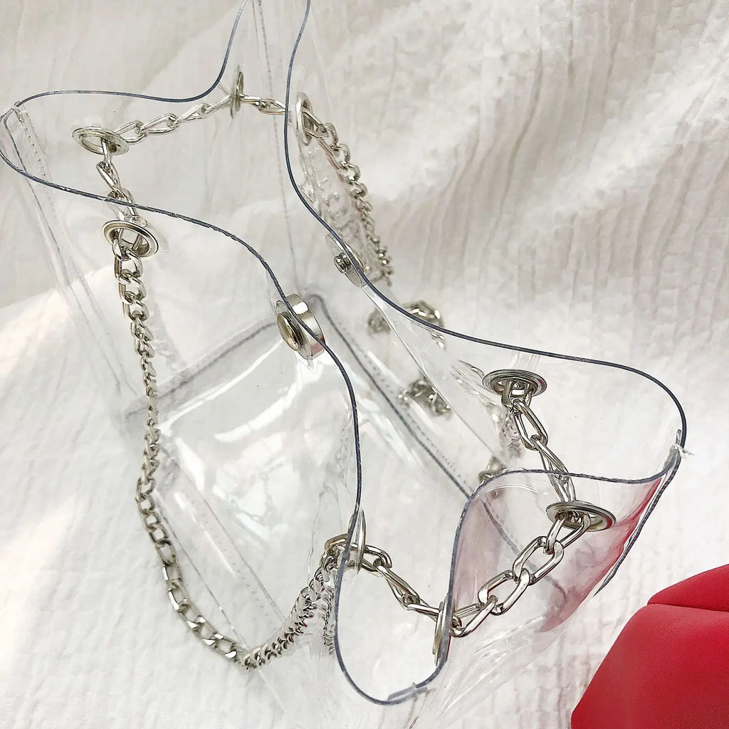 small transparent plastic bucket bag with chain