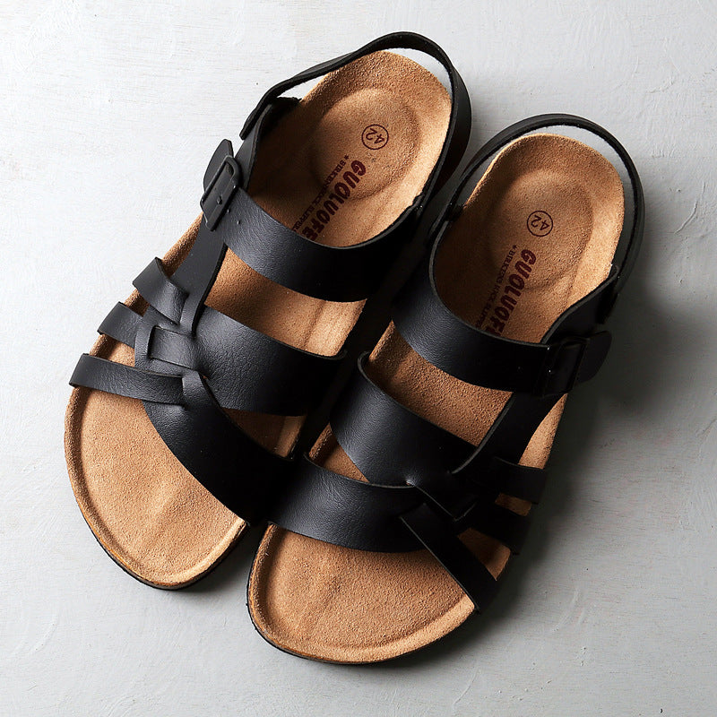 Cork Sandals Men Hollow Two-Way Men Summer Large Size Flat Beach Shoes
