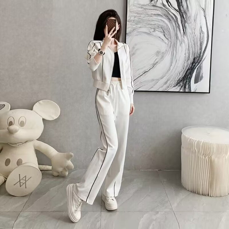 Short-zip hoodie with wide-leg pants set