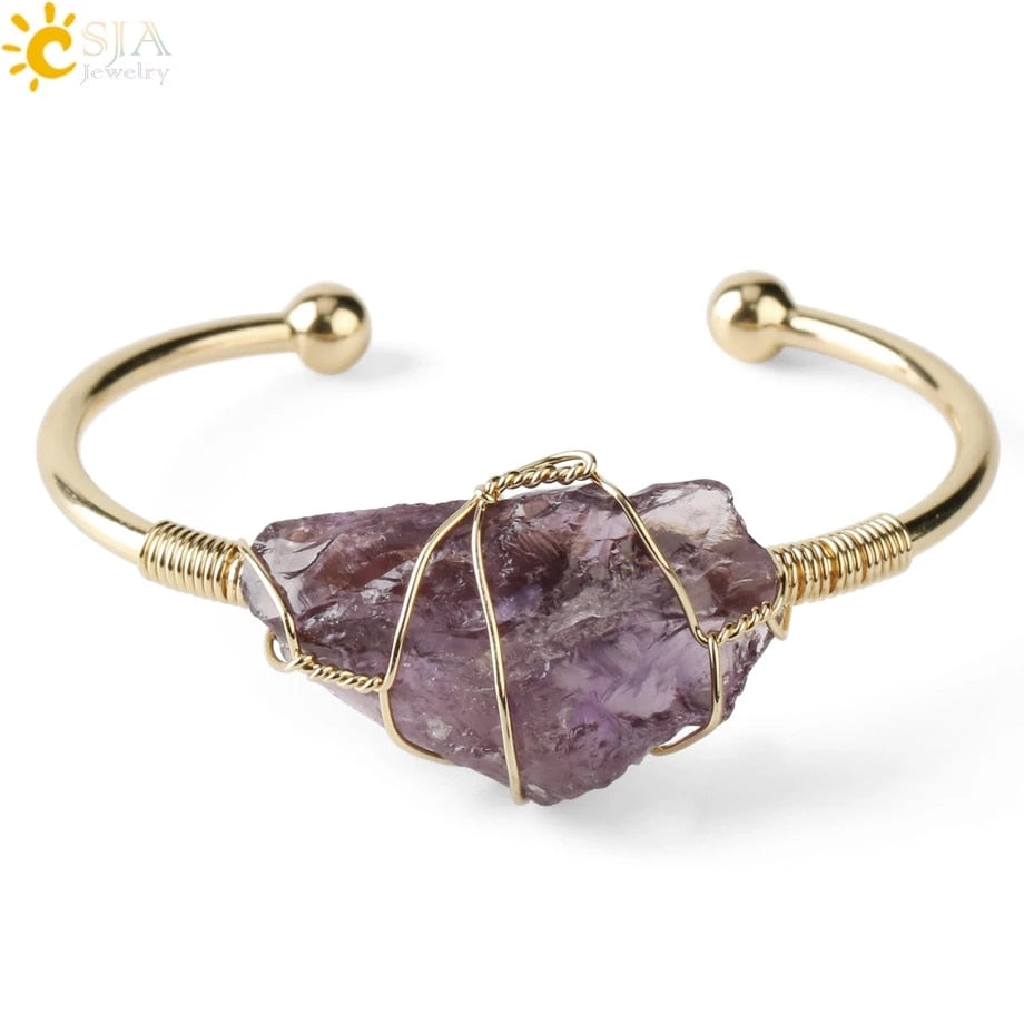 Csja Natural Stone Bangle Gold-color Wire Wrap Irregular Crystal Quartz Cuff Copper Bracelets for Women Girls Kids Jewelry G327