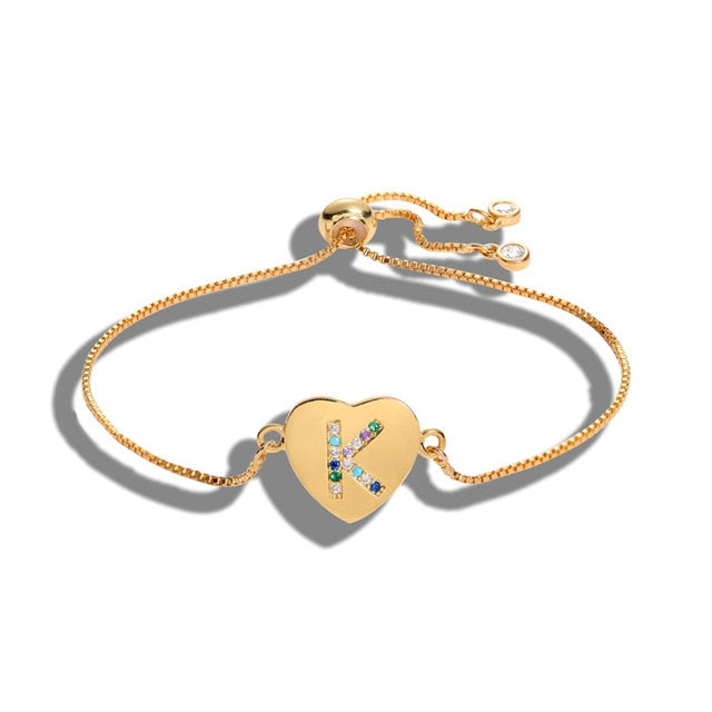 Adjustable bracelet with cubic zirconia alphabet charm