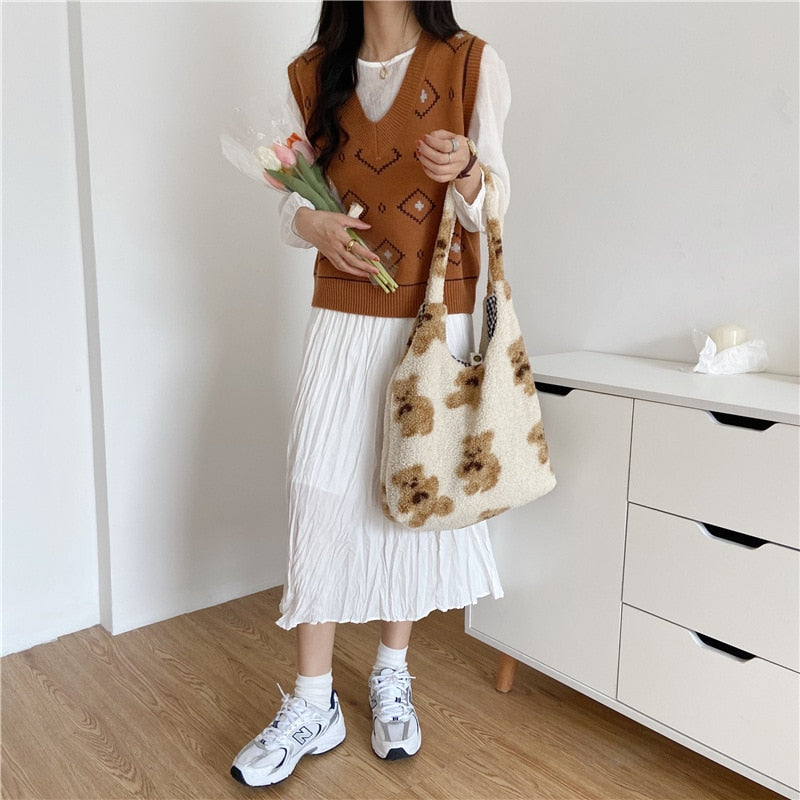 large fluffy canvas tote bag with bear motif
