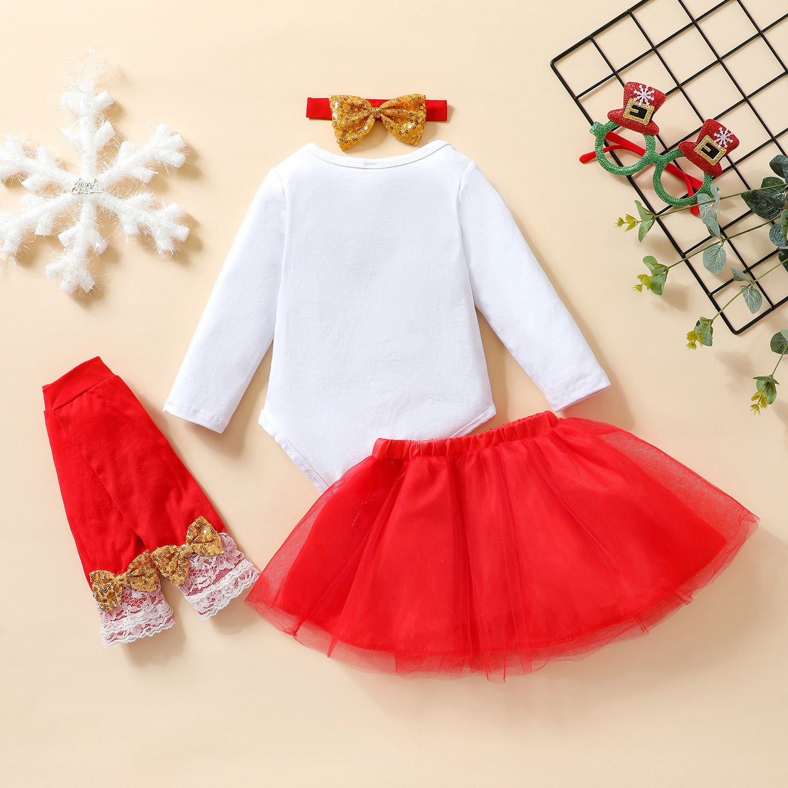 4pcs Infant Baby Girls Christmas Clothing Sets Cartoon Deer Snowman Bodysuit +Tulle Skirts+Headband Autumn Girl Clothes 3-18M