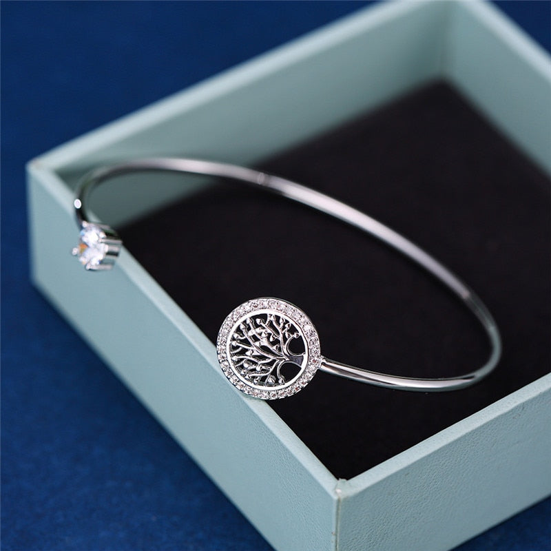 Luxury Female White Zircon Stone Bracelet Tree Of Life Adjustable Bracelets For Women Cute Silver Color Wedding