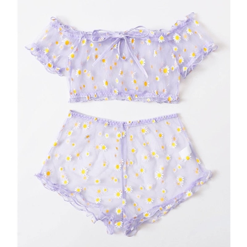 floral off-shoulder lingerie top and shorts set