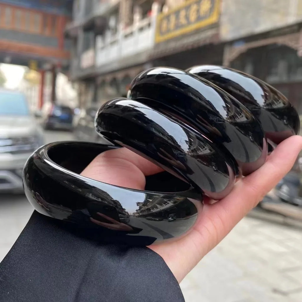 Women Real Jades Bangles Natural Black Chalcedony Certified Stone Fine Jewelry Wide Bangle Bracelets Girlfriend Mom Gifts