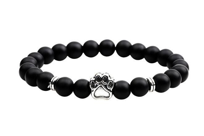 Natural stone and lava bead bracelet with paw charm