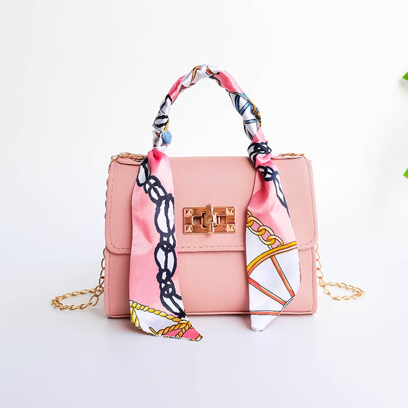 small square PU crossbody bag with silk scarf and lock