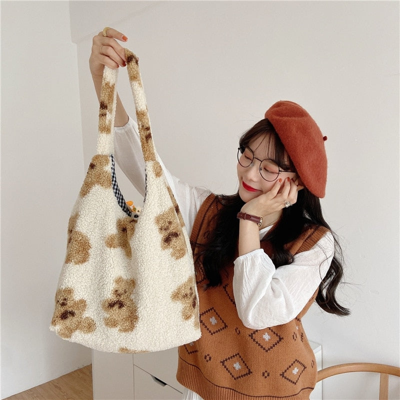 large fluffy canvas tote bag with bear motif