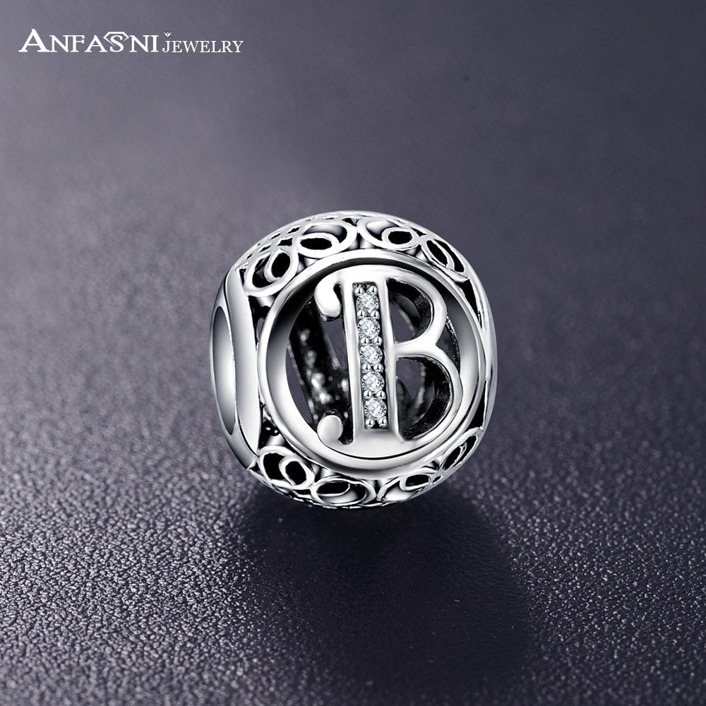 Real 925 Sterling Silver Vintage Clear Letter Bead Charms Fit Pandora Women Charm Bracelets Jewelry