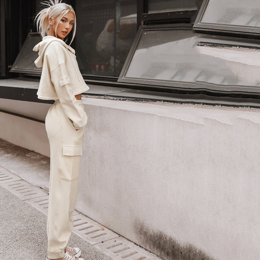 Hooded long-sleeve top with pocket and matching pants