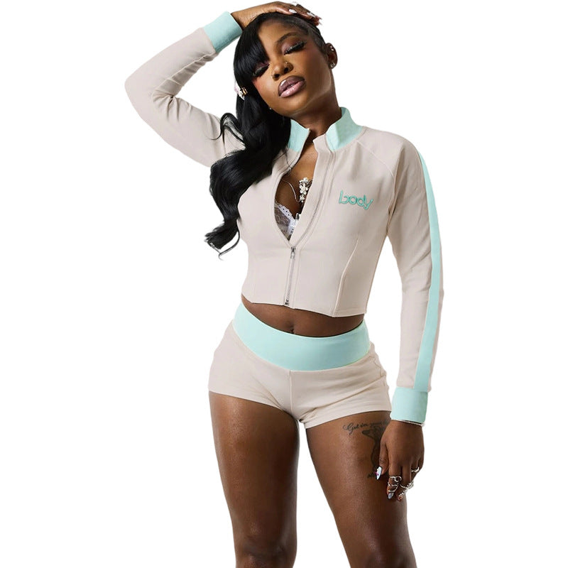 Stand-collar top with embroidery and matching shorts