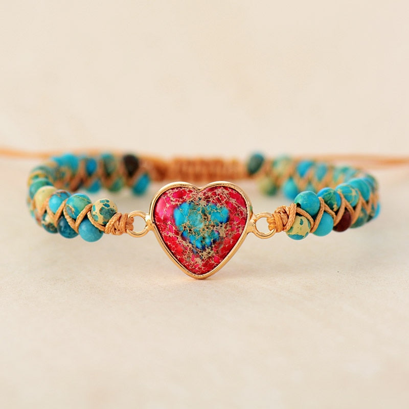 Natural Stone Heart Charm Bracelets String Braided Macrame Jaspers Friendship Wrap Bracelet Femme Women Jewelry