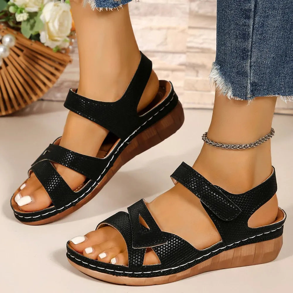 Casual fish mouth sandals Roman style with Velcro hollow out wedge heel and thick soled for outerwear