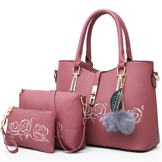three-piece PU bag set with floral embroidery